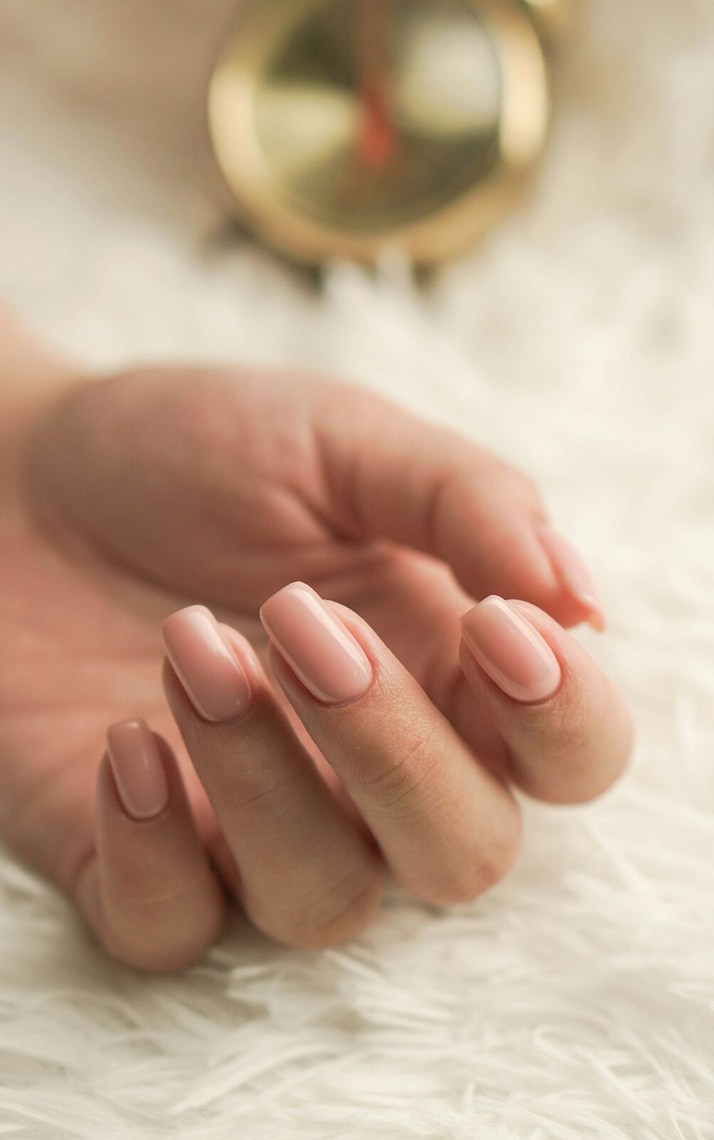 A hand with nude almond nails resting on soft cream fur